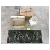 Victor Tackle Box, Camo Sleep Mat, and Fish Bucket