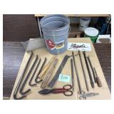 Bucket of tools, crowbars, vintage tin snips,
