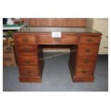 9 Drawer Kneehole Glass Top Mahogany Desk