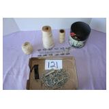 3 Spools of String/Thread, Can of Pegboard Hooks