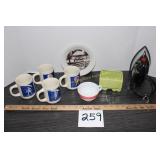 4 Morton Salt Coffee Mugs, 1 Pyrex Coffee Cup,