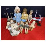 Tote of 7 Antique dolls, Porcelain, plastic, set