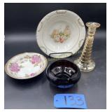 Gold colored candle holder,  Brown tint bowl,