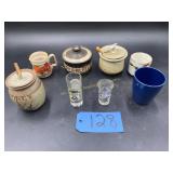 Apple butter, jelly pots, misc. shot glasses misc.