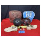 bowling balls and bags, shoes, towel