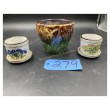 Planters---2 Small White with Flower--1 Green