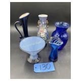 Blue vases,  Lefton hand blown swirl edged vase