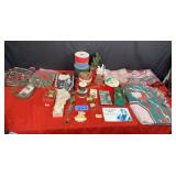 Box of Christmas ribbon, quilted material, wall