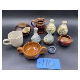 Misc. box, 2 coffee mugs, vases, southwestern