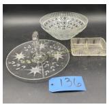 Etched glass serving tray, glass relish, Cut