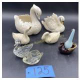 Lot of Swans, 7 total, Leaded, Crystal, Ceramic,