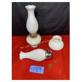 2 White Milk glass lamps, 1 electric complete, 1