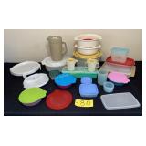 Large box of Tupperware, bowls, cake pan,