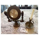 Brass Candle Holder and Wood Swivel Mirror