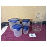 1 Gallon glass jar w/lid, 4 plastic containers w