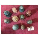 Insulators (10)--Blue, white, clear, and crockery