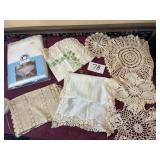 Box of beautiful vintage doilies, table runners,