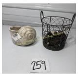 Wire basket with bird and bird nest, Shell Planter
