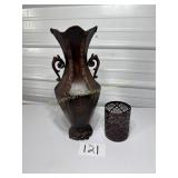 Bronze toned double handled vase with bronze