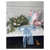 Rose Garland and Wire Basket, Big Blue Bow, Ivy