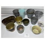 12- Metal planters, decorative buckets
