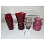 lot of 4 vases 2- ruby red, 1 pink diamond style