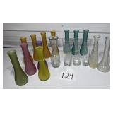 Lot of bud vases 11 colored glass and 6 clear