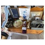 Tote of Decorative pieces, pictures, scarves,
