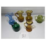 6- Multi colored crackle vases, jug, pitcher -