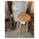 Wood bar stool, 29" Tall, 2 metal fold up chairs