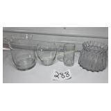 Clear Glass Lot: Hurricane Vase, Low Vases, W