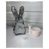 Galvanized Bunny planter with handle and white