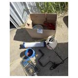 Box of Misc. Garage supplies, Sprayer, tarp