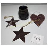 Pottery Vase, wood heart, 2 metal stars hangers