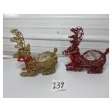 2 Red Reindeer Metallic Planters, Red Wood Lantern