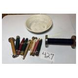 Ironstone bowl,  Vintage wood spools