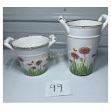 2- ceramic double handled planters with floral