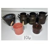 3- metal flower pots with handles 1- cheese crock
