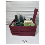 Red crate full of florist supplies foam, plastic