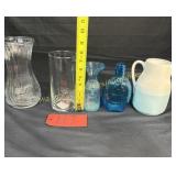 3 Glass Vases, Pitcher, Glass Bottle