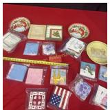 Old holiday napkins, decorative plastic platters