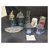 Box of glass canister, painted mason jar, ceramic