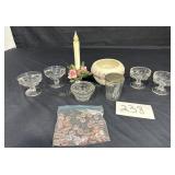 Glass sherbets, glass jar, ceramic vase and