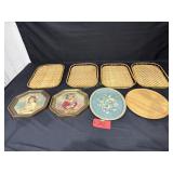 Oval floral tray, 2 metal wall hangings, wicker