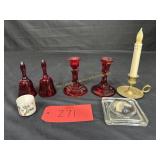 Ruby red bells and candlesticks, paperweight,