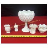 Large White Milk glass compote, fluted vases,