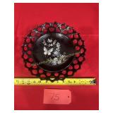 Vintage black glass, hand painted, floral,