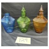 3 Ribbed Glass Decanters: Green, Amber, Blue (No