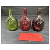 3 Wheaton bottles, red, green and purple, Crown