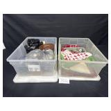 2 totes, decorative kitchen towels and ornaments